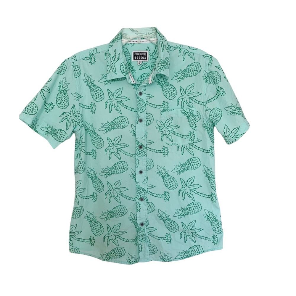 Cornerstone Bodega Aqua Pineapple Print Button Down Shirt Medium - Picture 1 of 5